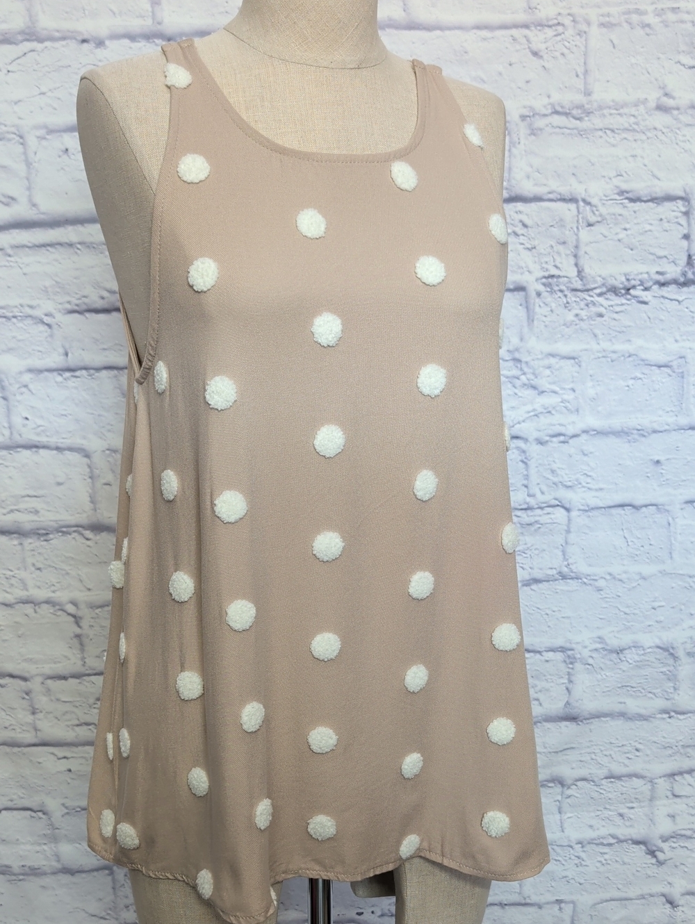 Altar'd State Polka Dot Tank Top in Beige w/ White Pom Dots - Size Small